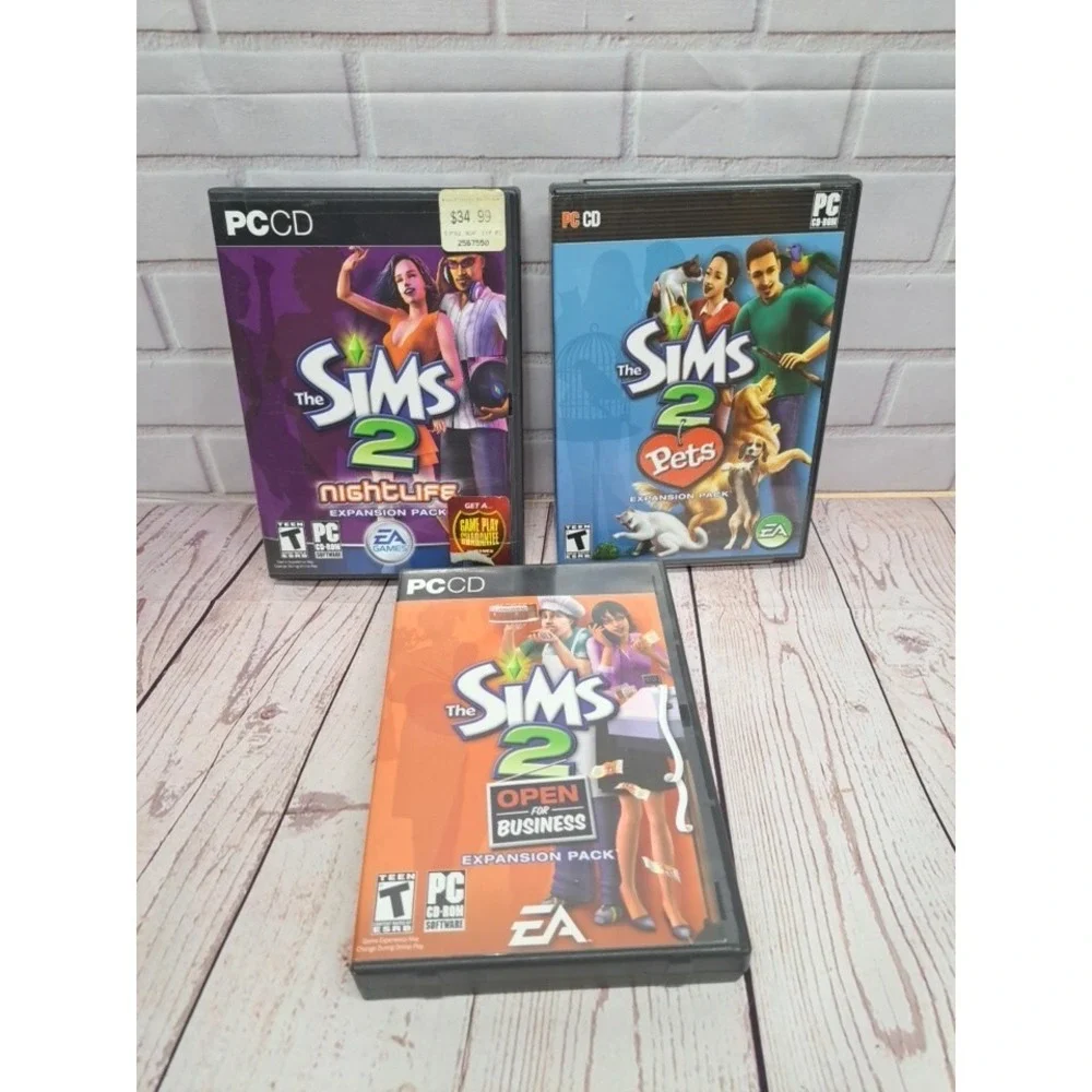 Lot Of 3, Sims 2 PC CD Game Collection, Nightlife, Open For Business, Pets Exp